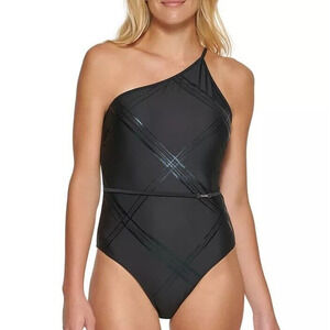 Calvin Klein JUMBO PLAID BLACK Belted One Shoulder One Piece Swimsuit 12 NWT